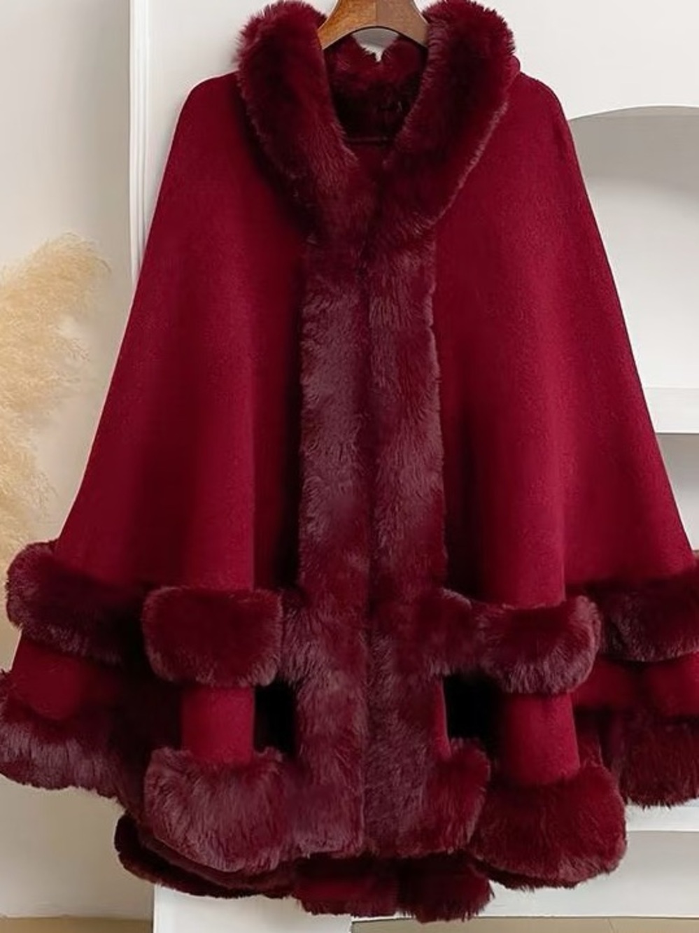Elegant Burgundy Faux Fur Trim Cape by